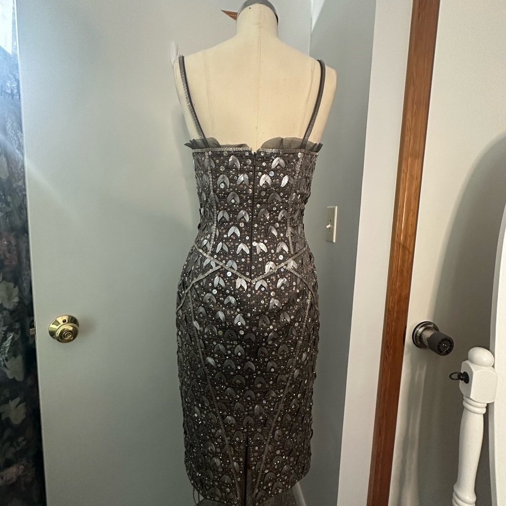 Vintage MANDALAY Gunmetal Beaded Corset Leaf Embellished Midi Dress S/M - Picture 9 of 16